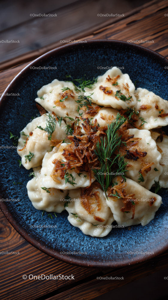 Pierogi with Caramelized Onions and Herbs on Rustic Table