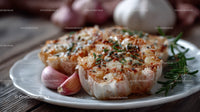 Roasted Garlic Cloves with Rosemary on Rustic Wooden Table
