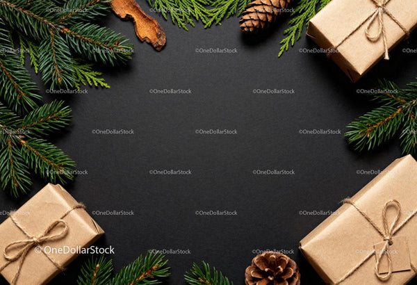 Wrapped Gifts with Pine and Cones on Black Background