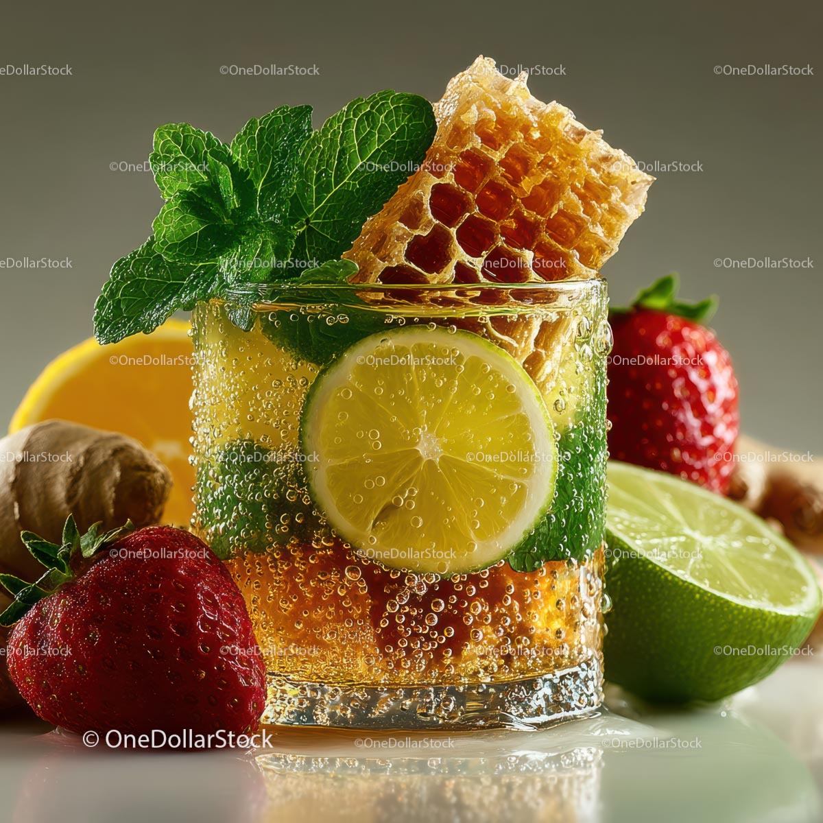 Fresh Honeycomb with Strawberries and Lime Garnish