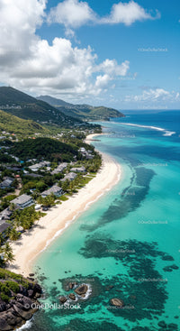 Scenic Tropical Beach with Turquoise Waters and Mountain Backdrop