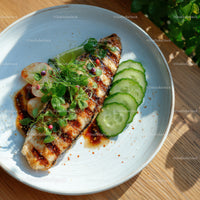 Grilled Fish with Cucumber Slices and Microgreens on a White Plate