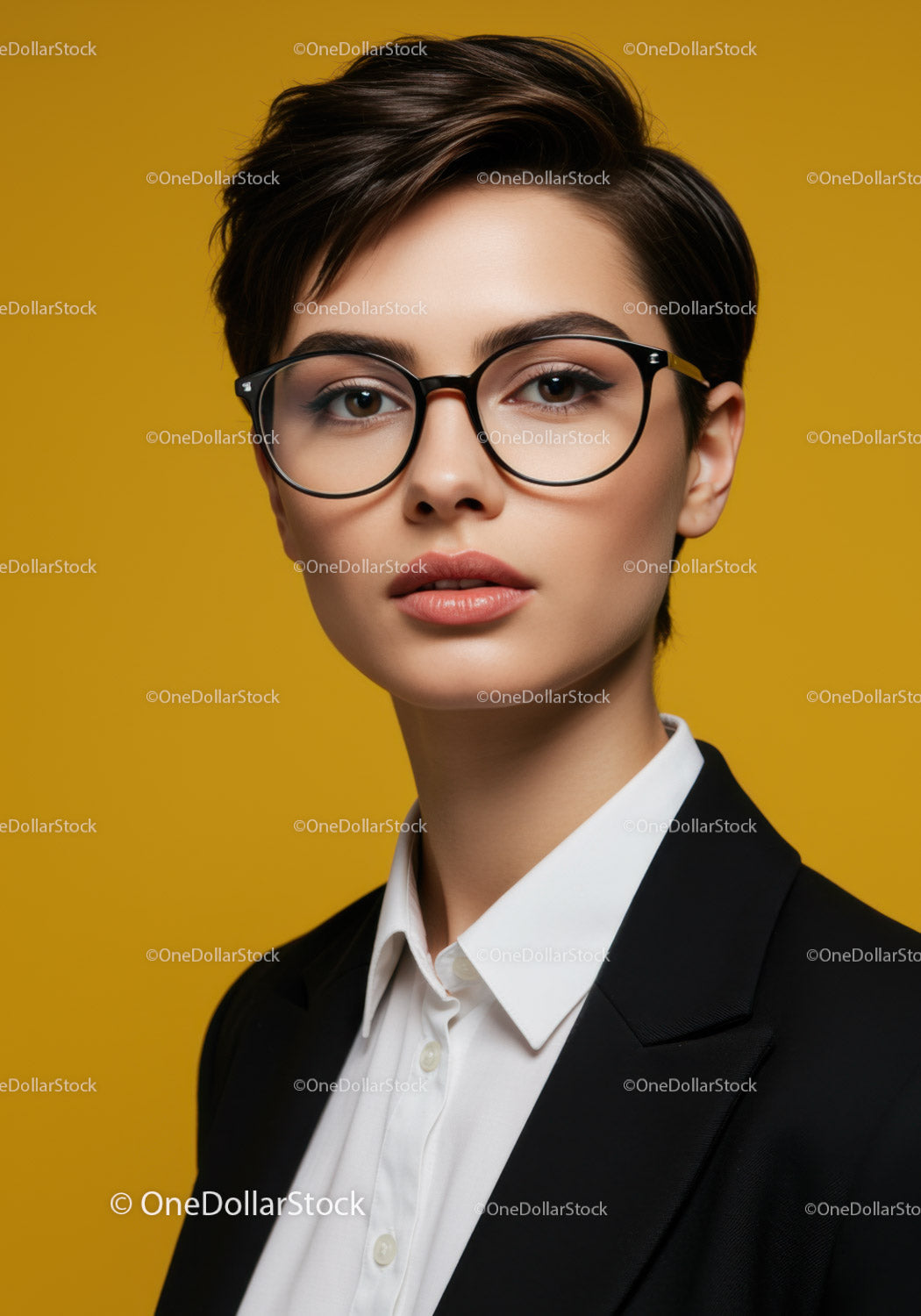 Elegant Business Woman Wearing Stylish Glasses in Studio Portrait