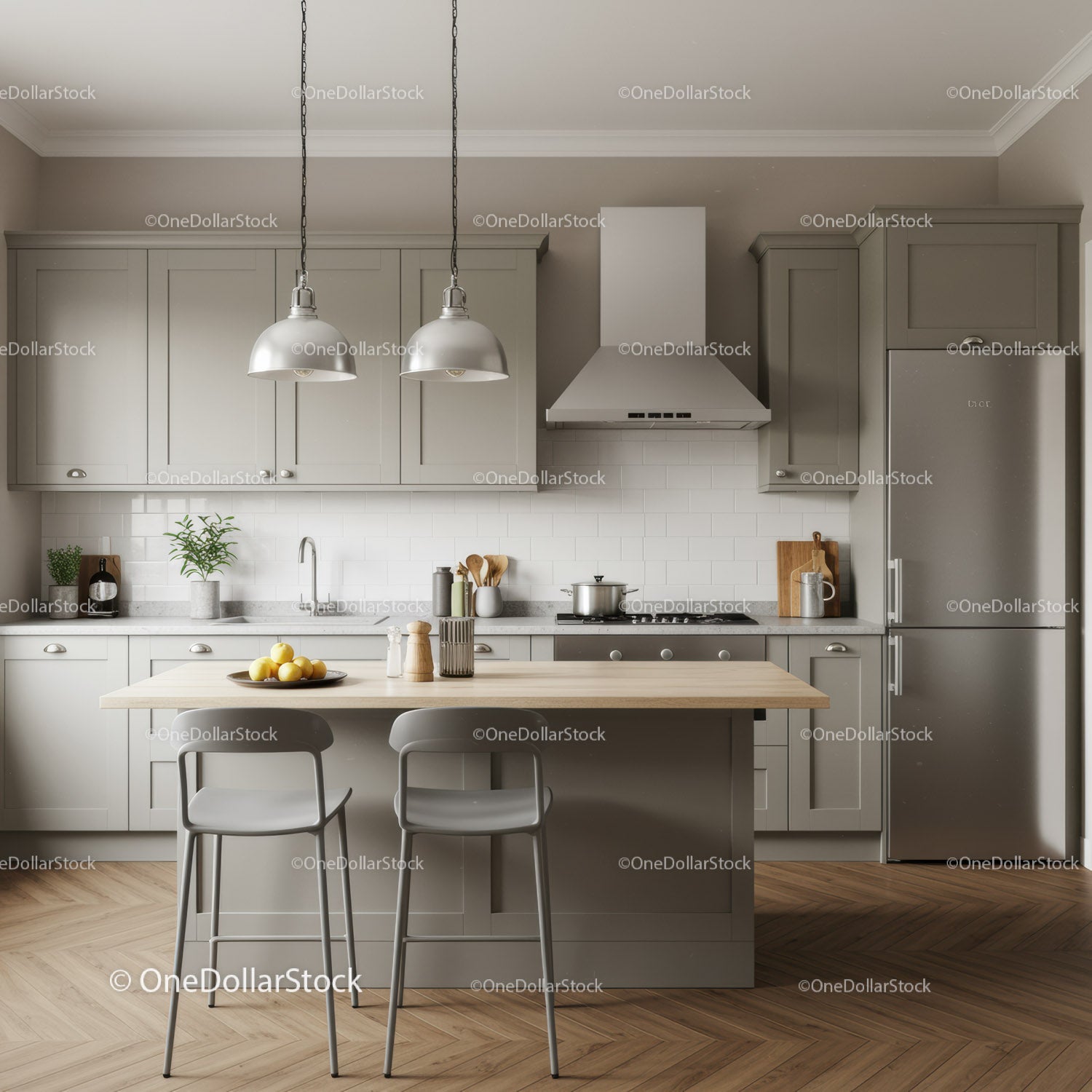 Modern Grey Kitchen with Wooden Countertop and Stainless Steel Appliances