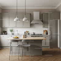Modern Grey Kitchen with Wooden Countertop and Stainless Steel Appliances