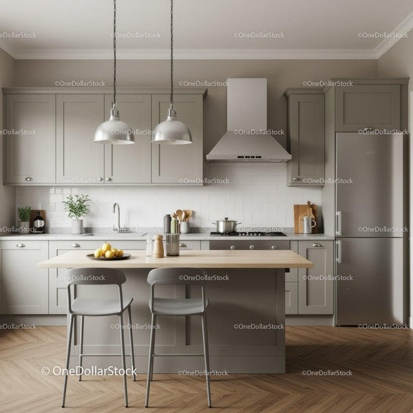 Modern Grey Kitchen with Wooden Countertop and Stainless Steel Appliances