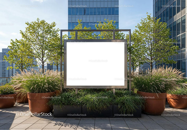 Blank billboard surrounded by greenery on urban terrace JPG Mockup Image
