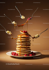 Stack of pancakes with fresh fruit and flowing syrup