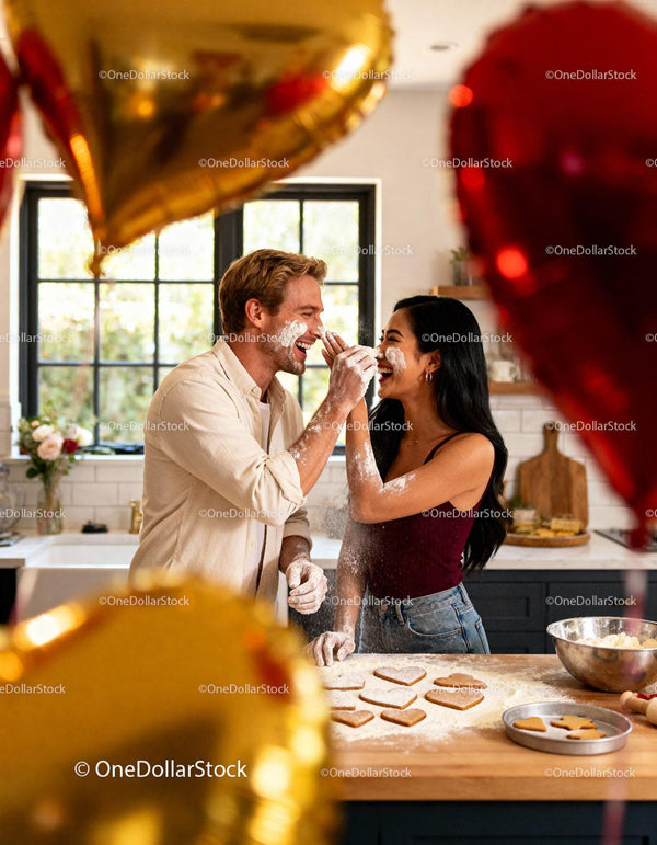 Couple Playfully Baking Valentine's Day Cookies Together
