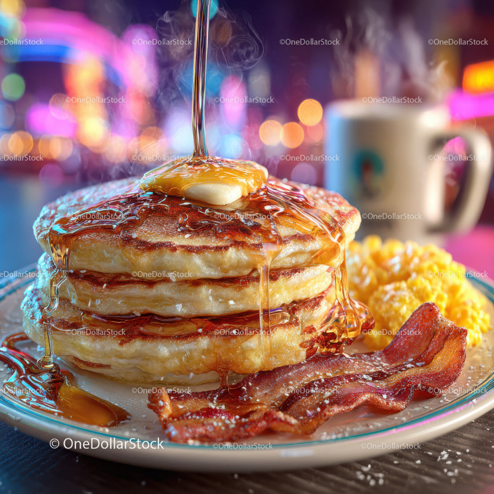 Stack of Fluffy Pancakes with Syrup and Bacon for Breakfast