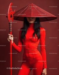 Elegant Woman in Red Dress with Accessories Against Red Background
