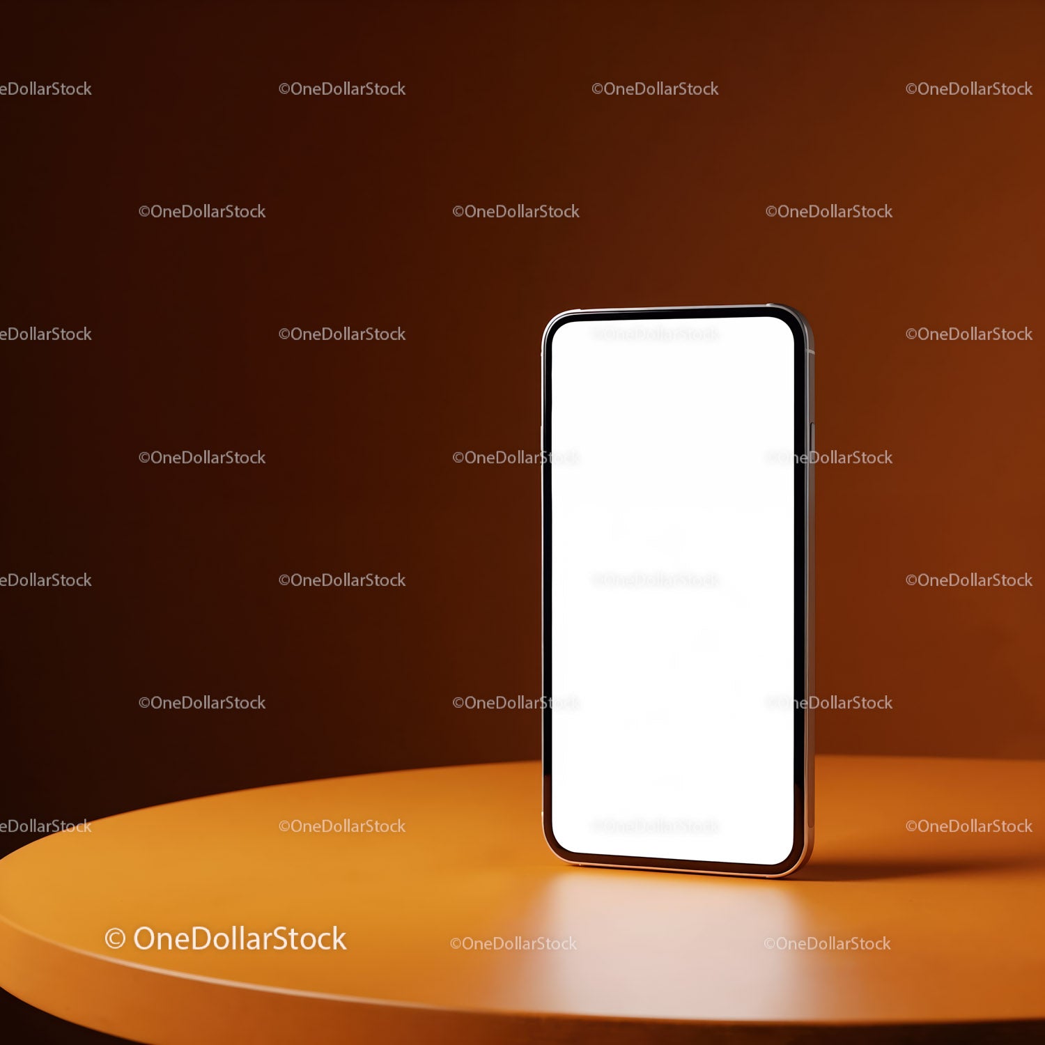 Modern smartphone with blank screen on round table