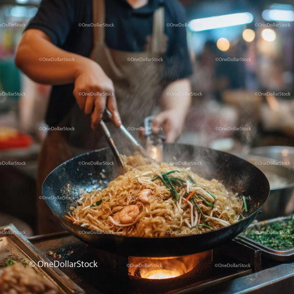 Stir-Fried Noodles with Shrimp and Vegetables in a Wok