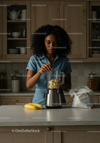Young Woman Making Fruit Smoothie in Modern Kitchen