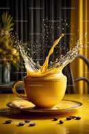 Yellow Coffee Cup Splashing Coffee in Modern Kitchen Setting