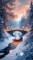 Snowy bridge over peaceful winter river at dusk
