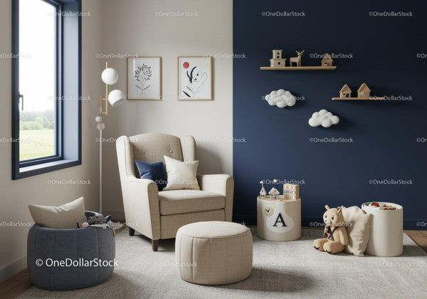 Modern Kids Room with Blue Accent Wall and Whimsical Decor