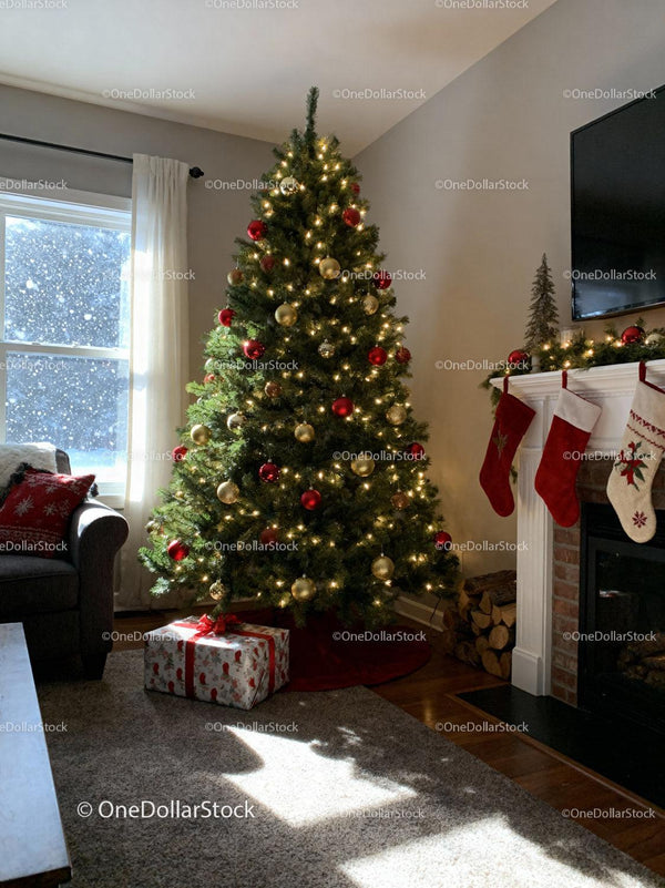 Festive Christmas Tree Decorated in Cozy Living Room
