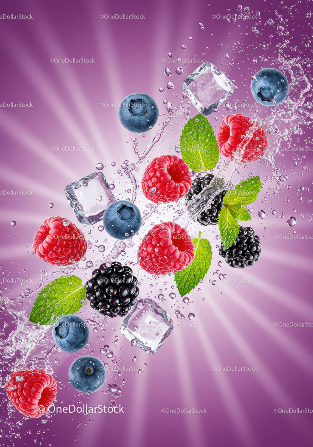 Fresh mixed berries splashing in water with ice cubes