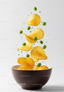 Potato chips and wasabi peas flying out of bowl