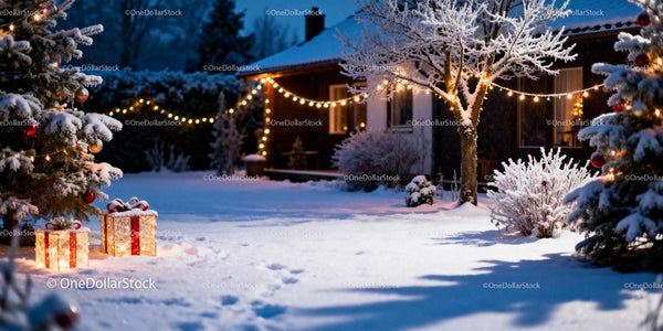 Cozy Winter Garden with Festive Lights and Snow