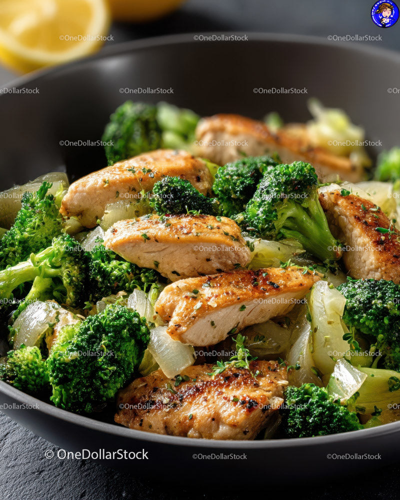 Grilled Chicken Breast with Fresh Broccoli Florets in a Black Dish