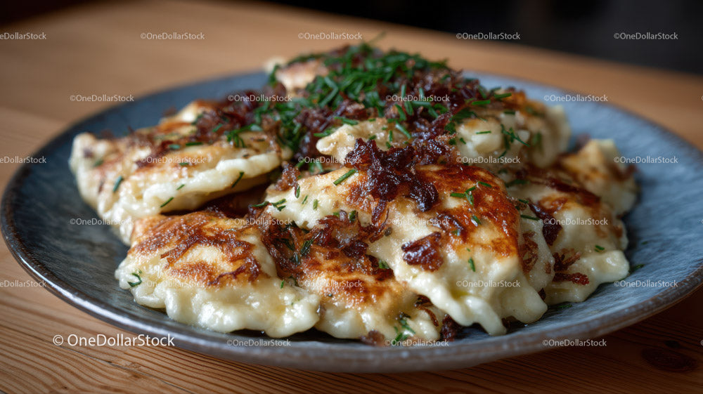 Crispy Pan-Fried Dumplings with Chopped Chives and Caramelized Onion
