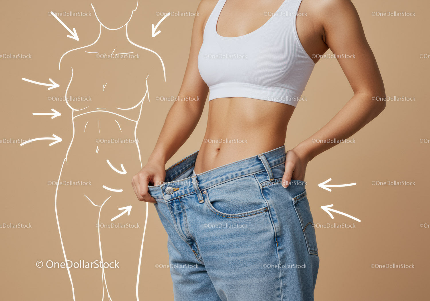 Slim Woman in Jeans with Loose Waist Holding Pants