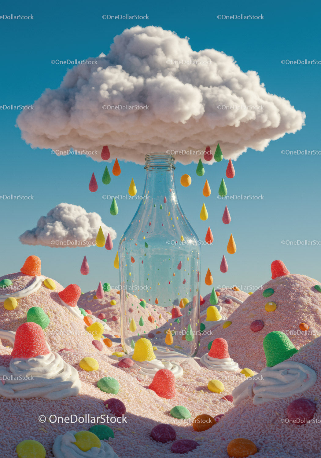 Surreal Candy Landscape with Glass Bottle and Rain