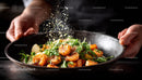 Fresh Shrimp Salad with Lemon and Herbs in a Black Bowl