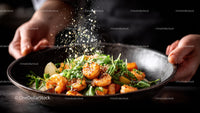 Fresh Shrimp Salad with Lemon and Herbs in a Black Bowl