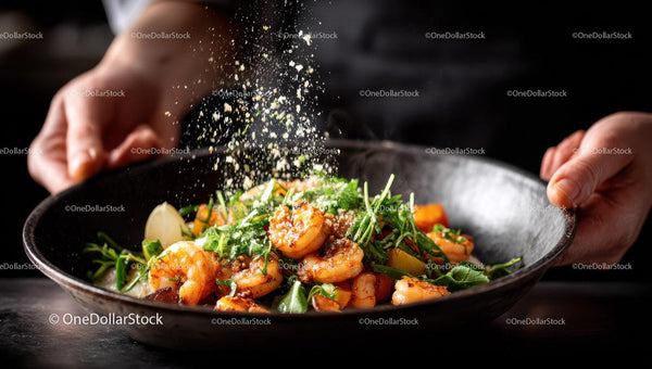 Fresh Shrimp Salad with Lemon and Herbs in a Black Bowl