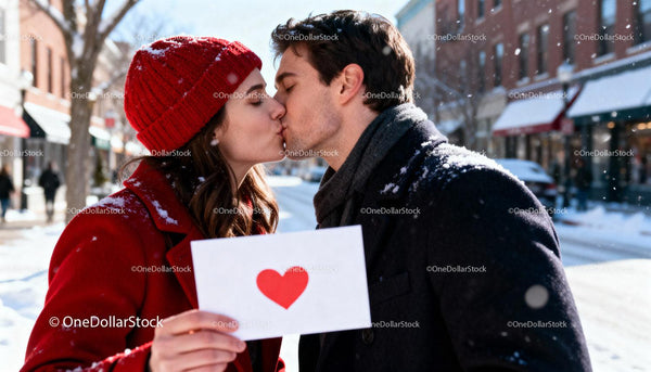 Couple sharing kiss with red heart card outdoors