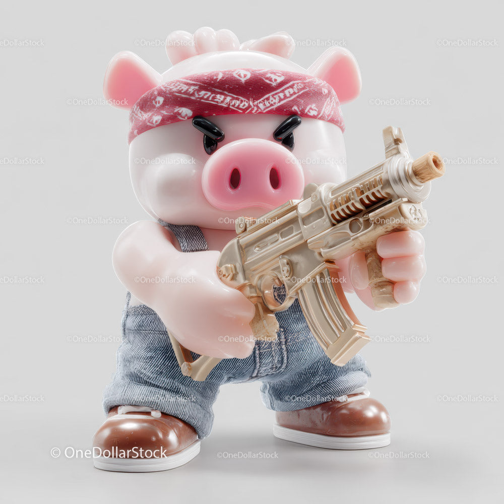 Cute Wrathful Pig Toy with Bandana Holding Gun for Playful Decor