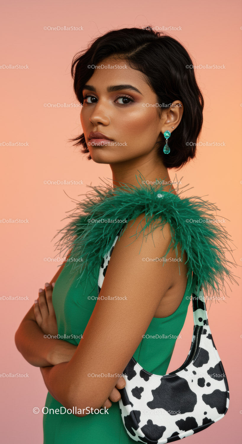 Stylish Woman with Short Black Hair and Green Feathered Dress