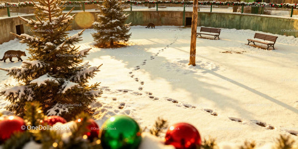 Quiet winter park with snowy fir trees and animal tracks