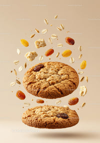 Oatmeal raisin cookies with flying oats and raisins