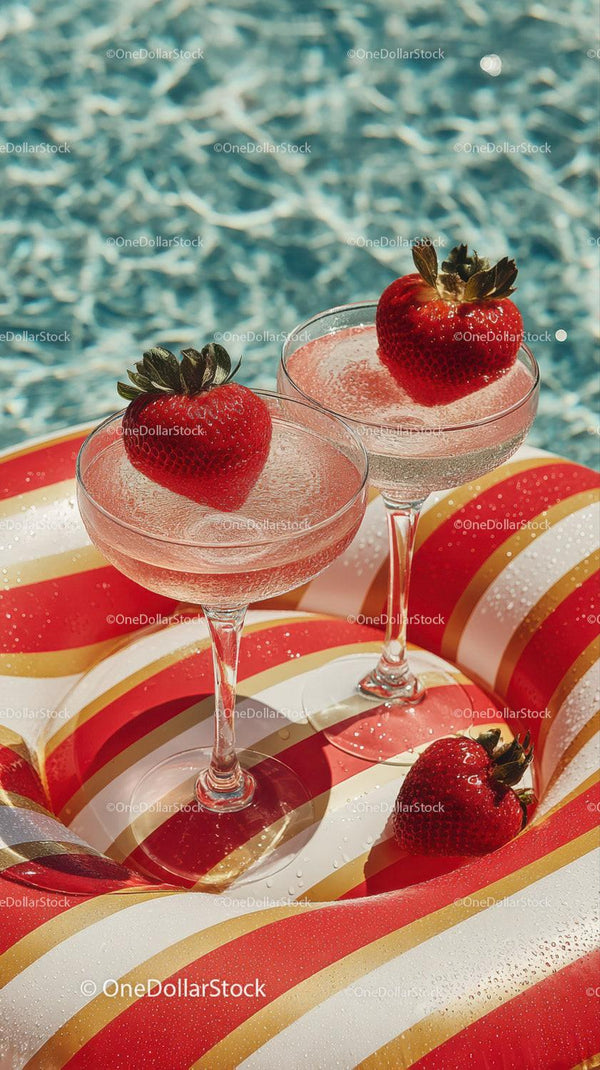 Refreshing Strawberry Cocktails on Pool Float in Sunlit Pool