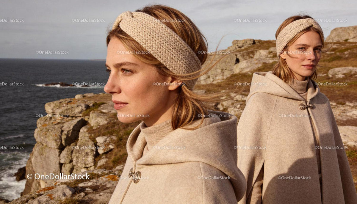 Woman in Cozy Knit Headband and Beige Cape by the Sea