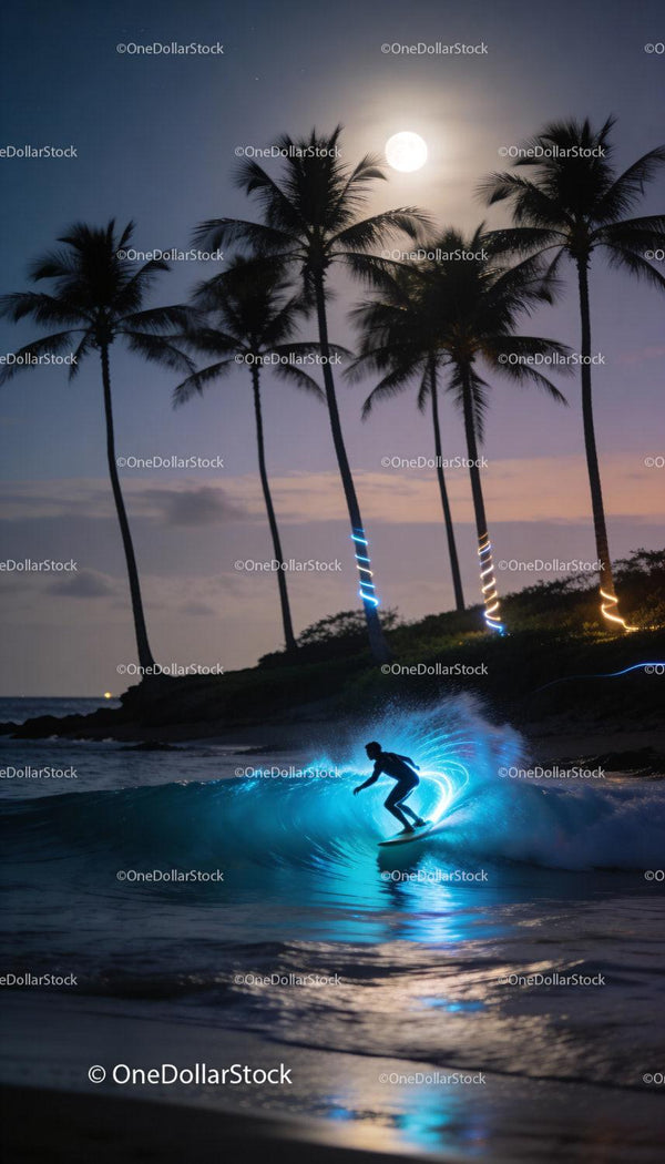 Surfer Riding Illuminated Wave Under Full Moon Night