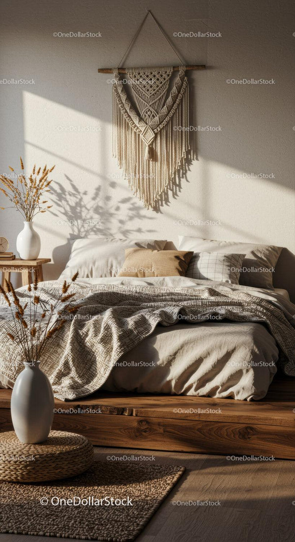 Cozy beige bedroom with macrame wall hanging and natural light