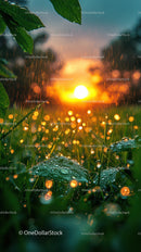 Raindrops on Grass with Sunset Light Creating Bokeh Effect