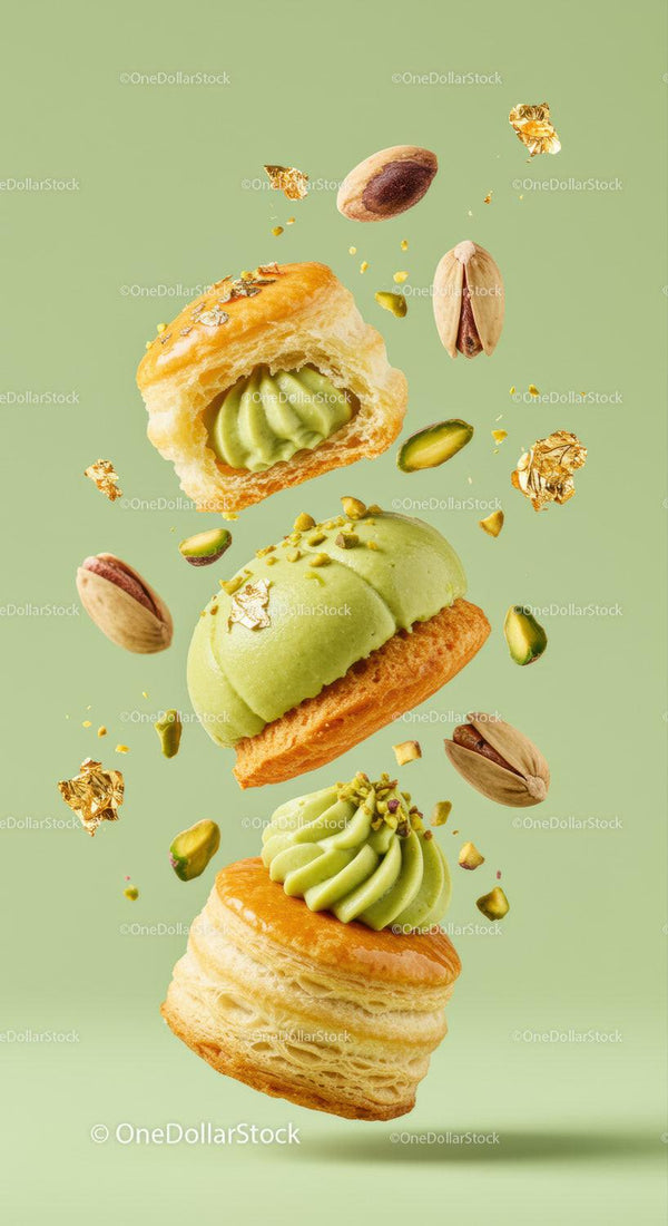 Elegant pistachio cream pastries with golden flakes