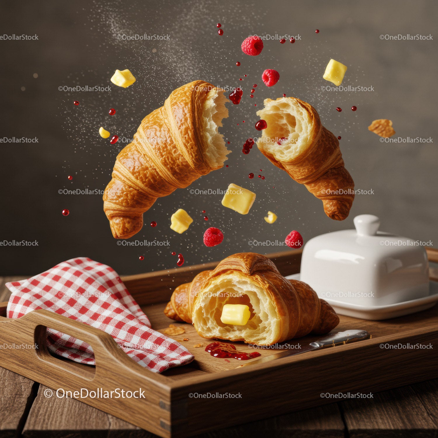Fresh croissants with butter and raspberries on wooden tray