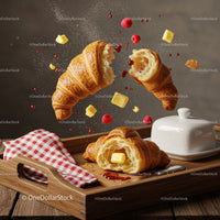 Fresh croissants with butter and raspberries on wooden tray