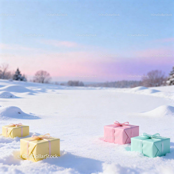 Colorful Gift Boxes on Soft Snow at Sunrise