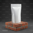 Minimalist white pouch on stacked red bricks