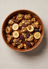 Crunchy granola bowl with dried fruits and nuts