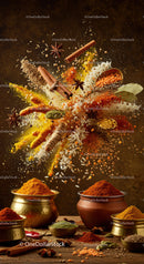 Assorted vibrant spices and herbs explosion on rustic table