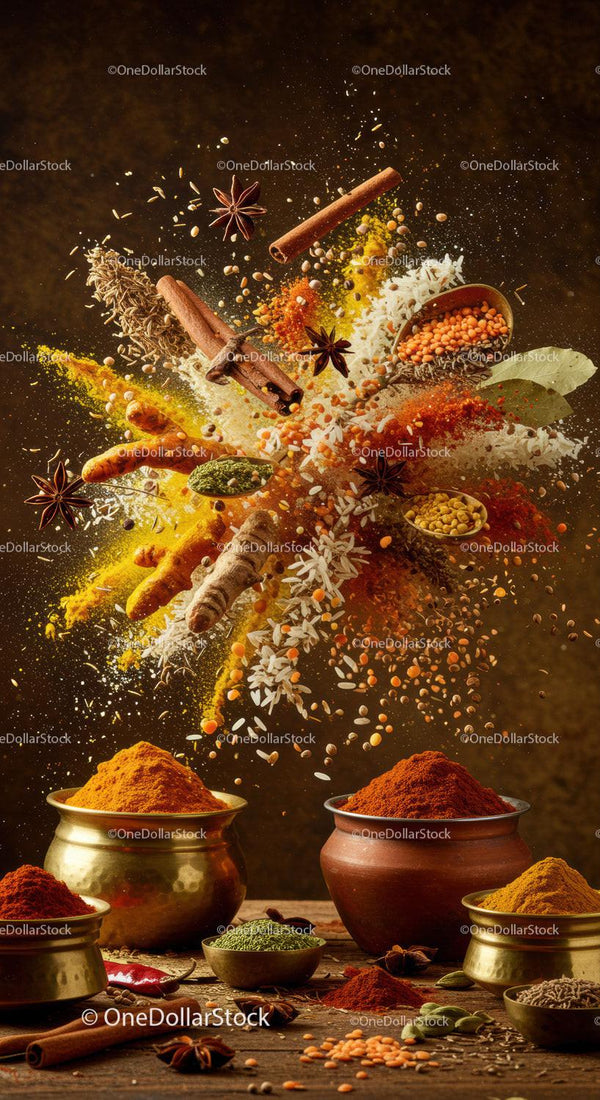 Assorted vibrant spices and herbs explosion on rustic table